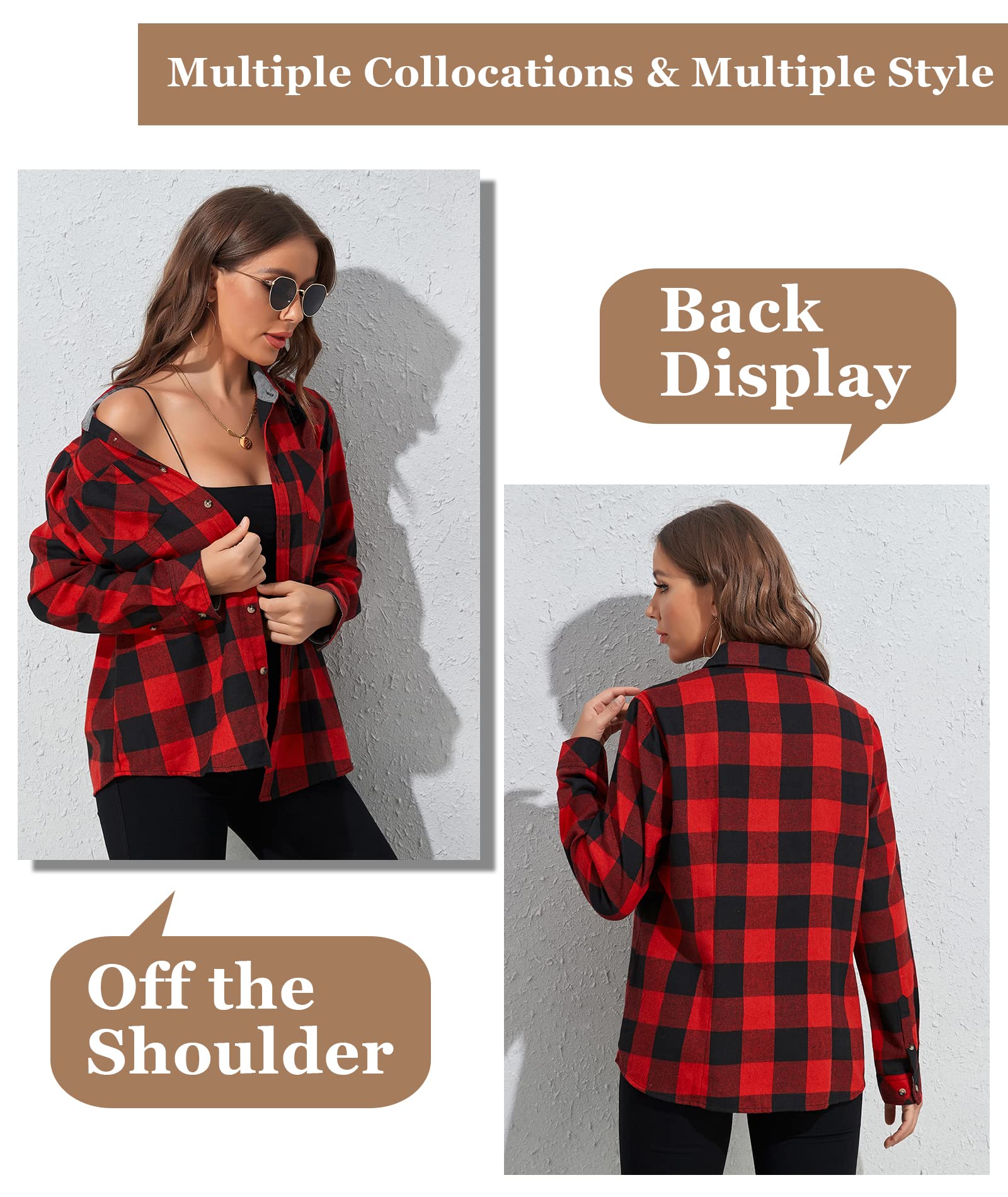 Plaid Flannel Shirts For Women Buffalo Plaid Shirts Oversized Long Sleeve  Casual Button Down Blouse Top Red2 S