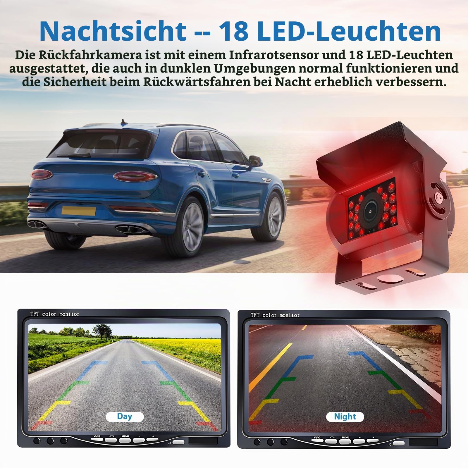 Rückfahrkamera Set mit Kabel 7" LCD Monitor, Nachtsicht Auto Backup-Kamera