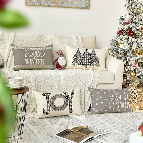Miniatura 2 de AVOIN colorlife Juego de 4 fundas de almohada grises con lemas de árboles de Navidad, 12 x 20 pulgadas, diseño de Hello Winter Let it Snow, funda de