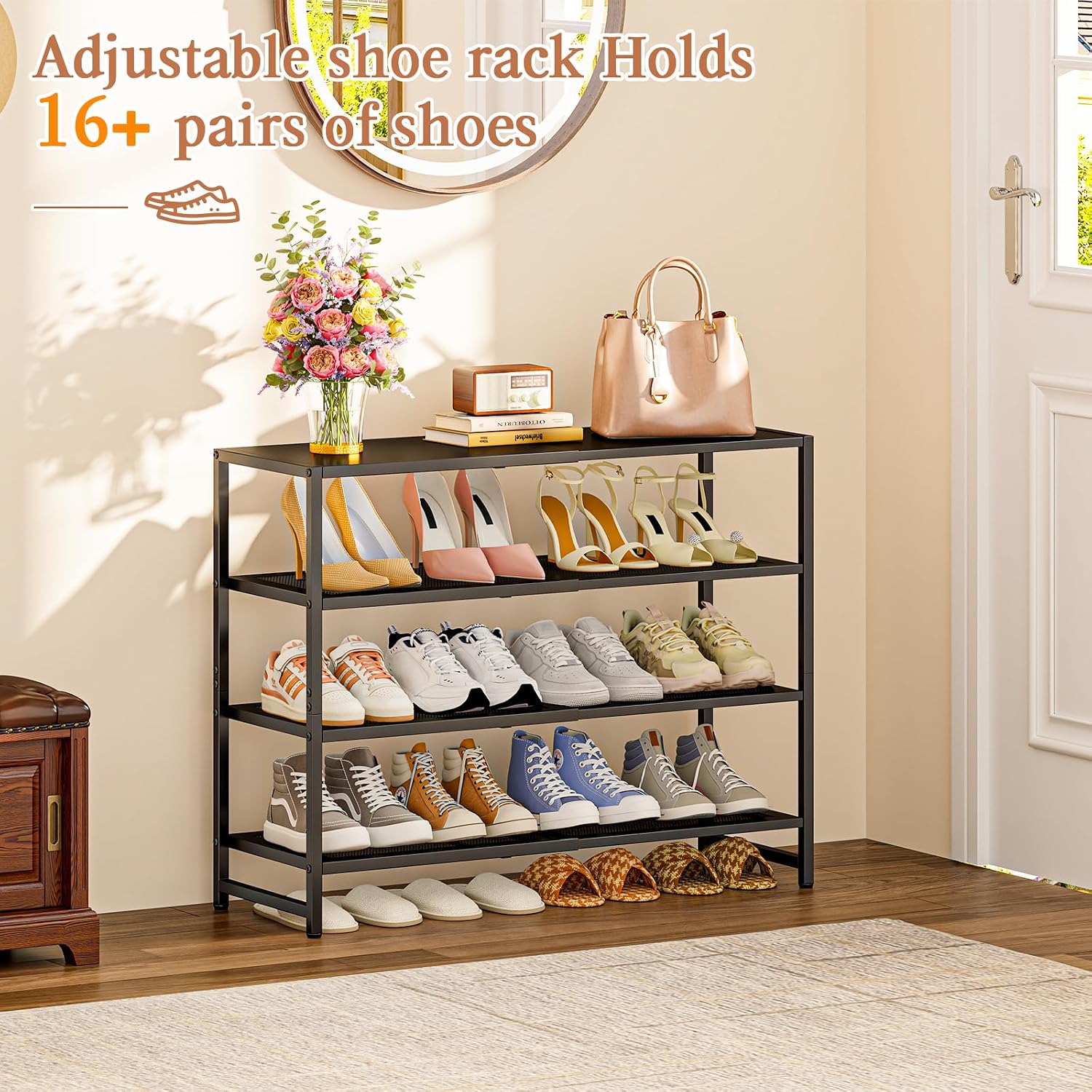 Expandable Shoe Rack,Metal Shoe Rack for Closet-4-Tier,Black