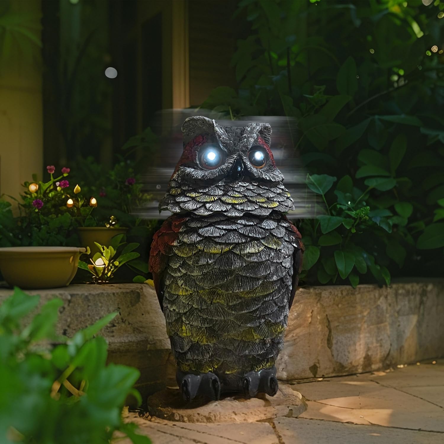 Owls to Keep Birds Away, Solar Owl Decoys to Scare Birds Away, Small Fake Owl for Bird Control, Resin Owls Outdoor Decor with Rotating Head and Lighted Eyes, Animal Deterrent for Outside, Garden - Image 6