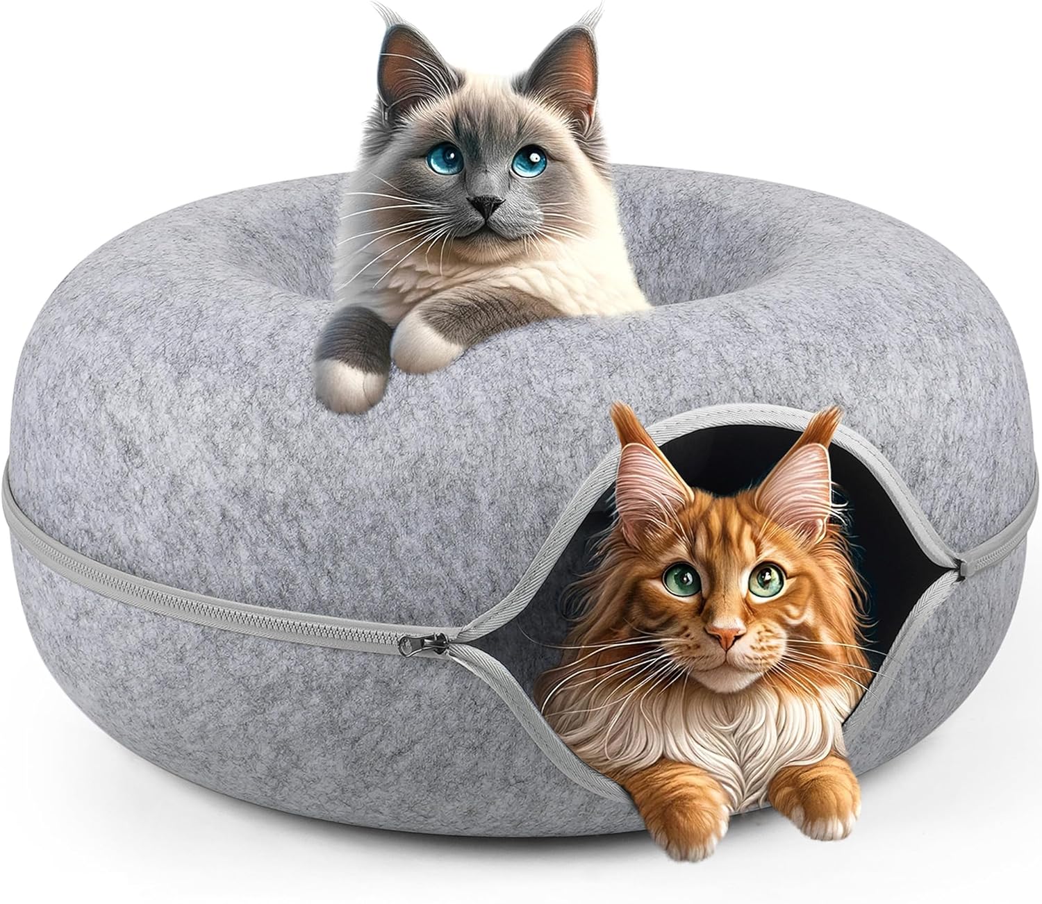 Cat Tunnel Bed Peekaboo Cave for Indoor Cats, Scratch Resistant & Washable Detachable Round Felt Donut Small Pets Rabbits, Kittens, Puppy, 20''x20''x9'', Light Grey, Medium-1 pack, (YYL-T-01)
