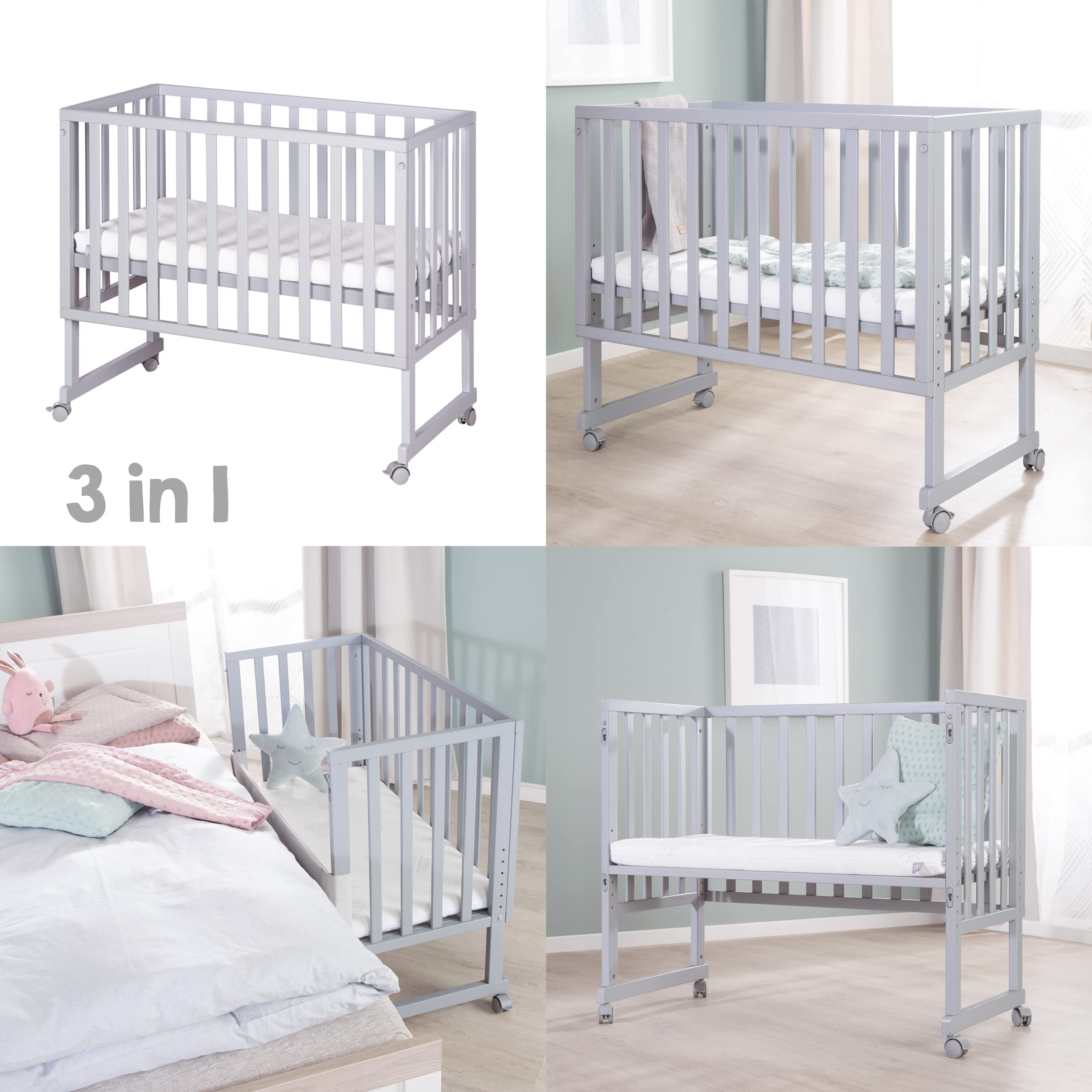 oba Stuben- und Beistellbett safe asleep® 3 in 1-45 x 90 cm - Höhenverstellbar - Komplettes Anstellbett mit Matratze + Canvas Barriere - Bett Set für Babys - Holz taupe/grau