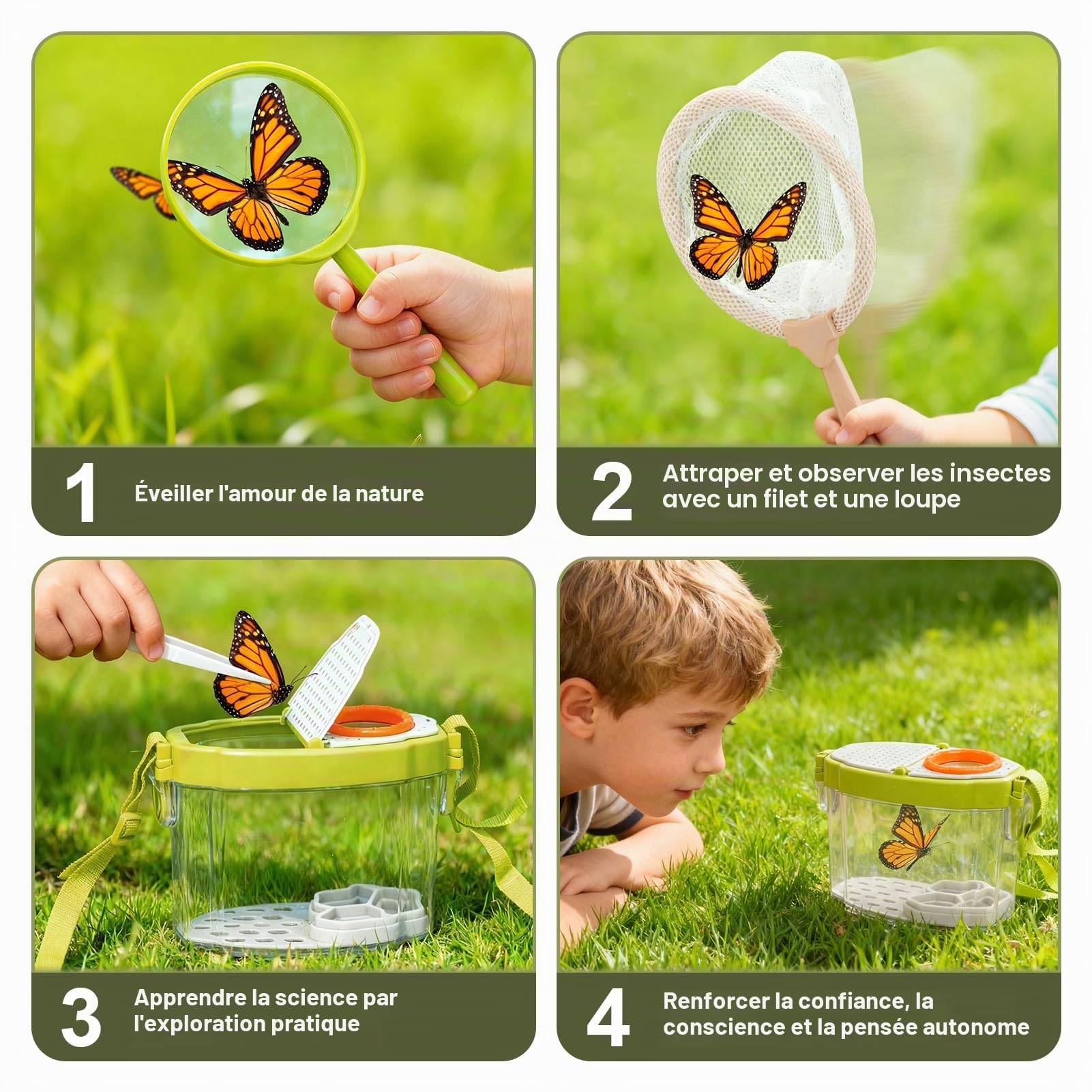 Brouette Enfant – 17PCS Kit Jardinage Enfant avec Outils Longs et Court,Boîte d’Observation Insectes, Loupe, Filet à Papillons & Accessoires – Ensemble Jardinage + Exploration Nature pour Enfants 3+