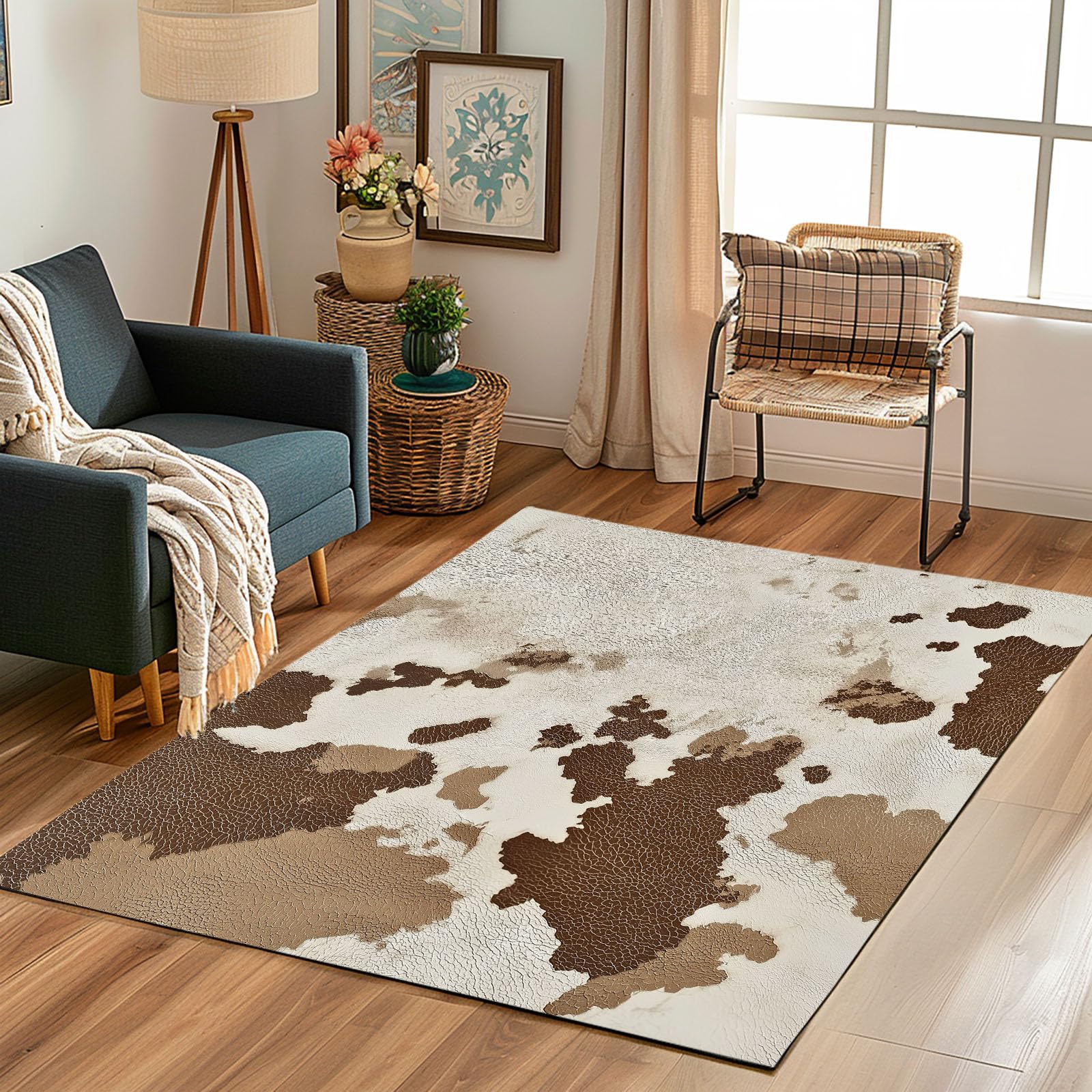 Cuir de Vache Tapis Salon 160 x 230 cm Peau d'animal de Ferme Tapis Chambre d'enfant Lavable en Machine Antidérapant Carpet Doux Moelleux Poils Ras pour Cuisine, Salle à Manger