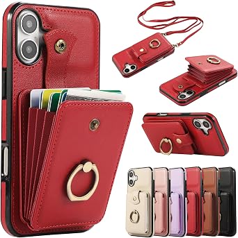 Card Holder Case for iPhone 16,RFID Blocking PU Leather Crossbody Phone Wallet Purse Cover with 360Ring Stand, Adjustable Lanyard Handbag Case for Women Girl iP16 6.1" Red