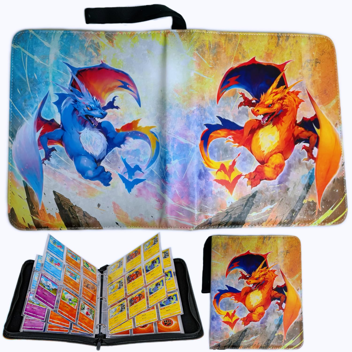 REDORELA Trading-Card-Binder 900 Pockets for Pokemon-TCG-Binder Collectible with Waterproof Cover and Secure Zipper for Sports & Game Cards (Battle Blue and Orange Dragon 900 Slots)