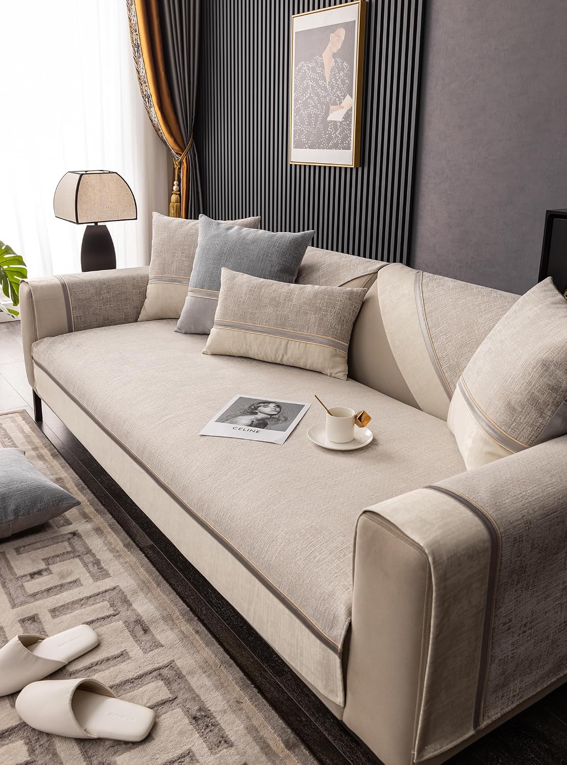 Luxury Chenille Sofa Cover Sofa Slipcover Soft Sectional Color Contrast Couch Cover Non-Slip Sofa Slipcovers Washable Furniture Protector for Pet Kids (Light Coffee,36"x36")