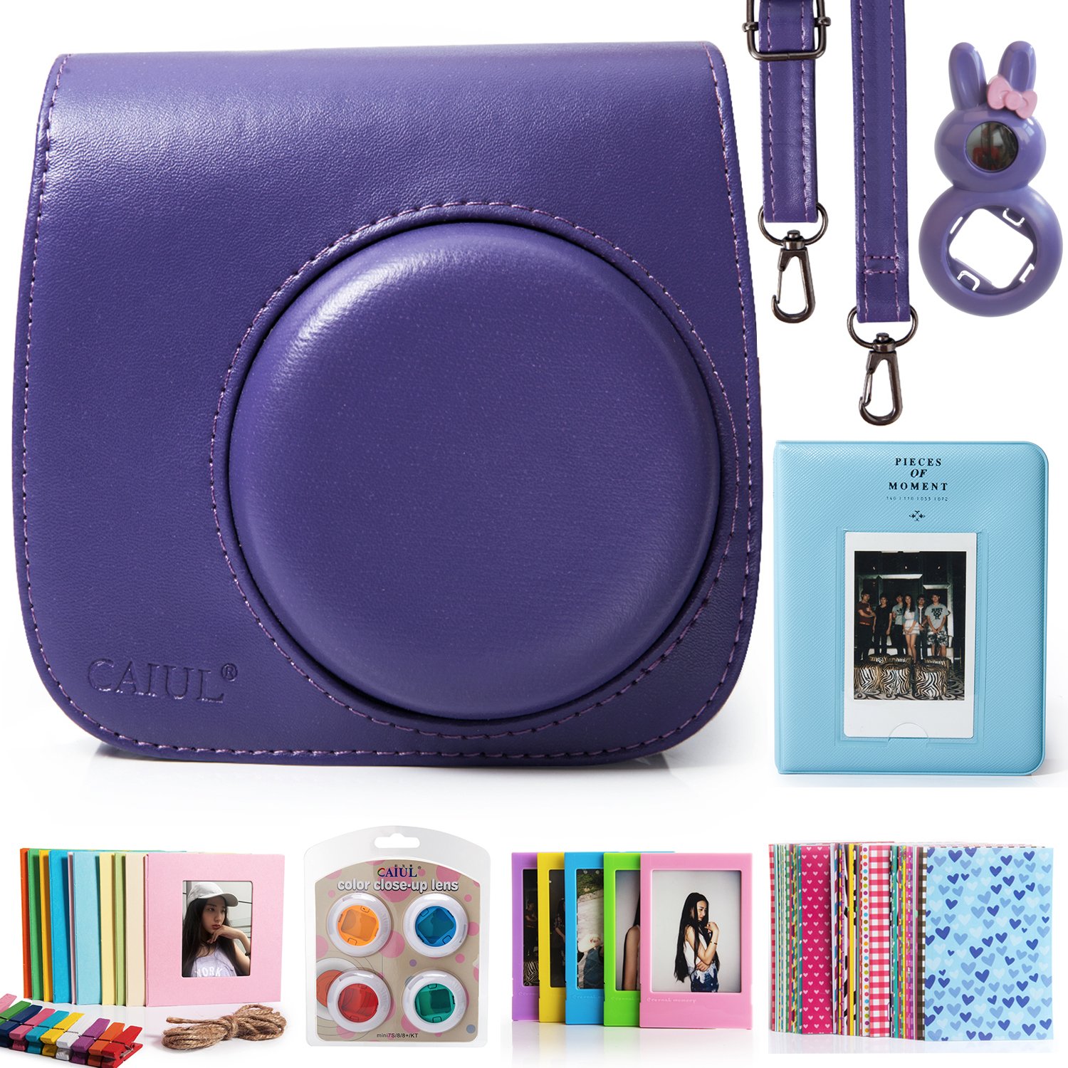 CAIUL 7 in 1 Fujifilm Instax Mini 8 8+ 9 Camera Accessories Bundle (Purple Instax Mini 8 Case / Mini Album / Close-Up Selfie Lens / 4 colors Filters / Wall Hang Frames / Film Frames / Film Stickers)