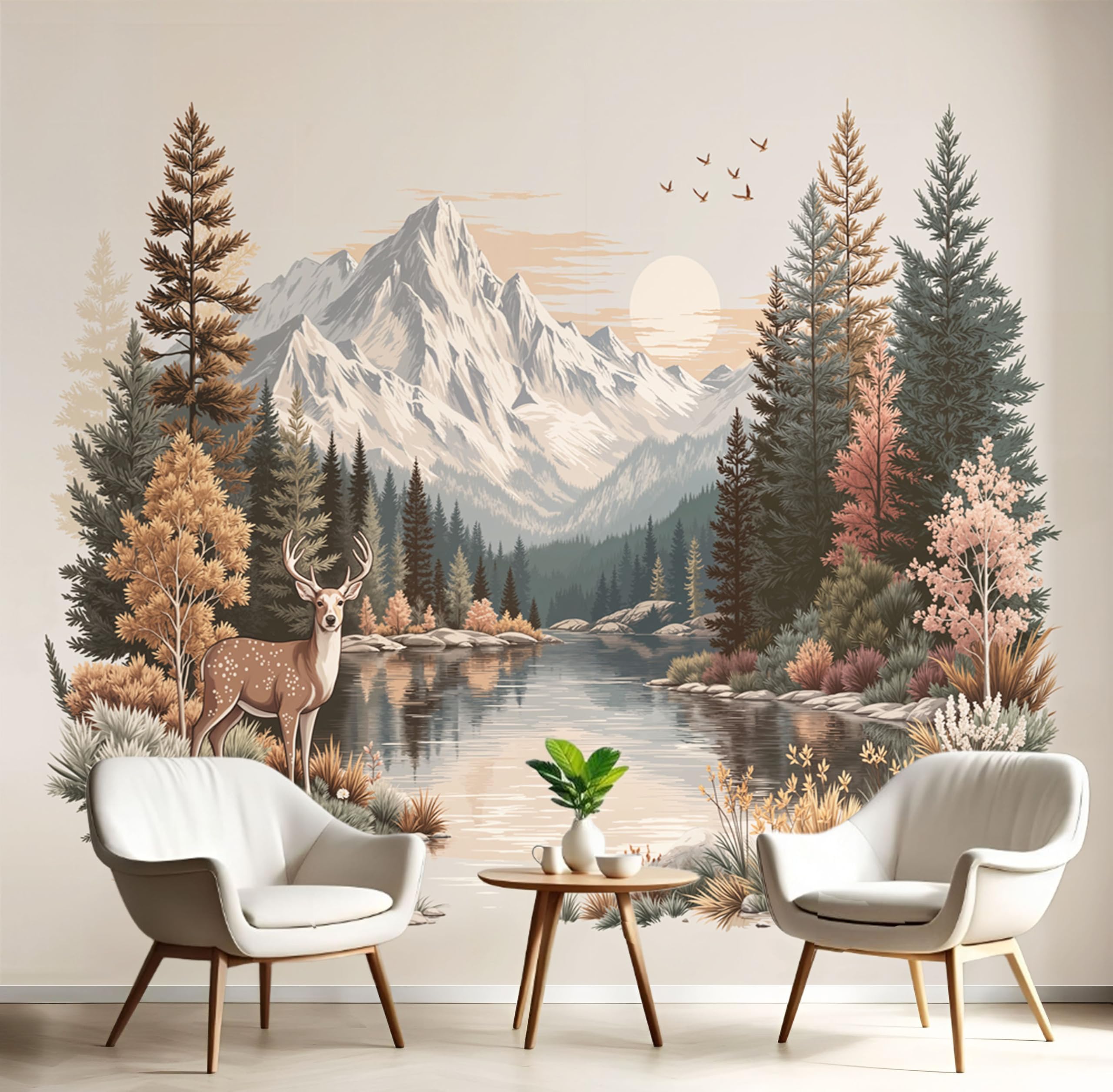 Papier peint panoramique forêt pour masquer les défauts d'un mur de salon facilement