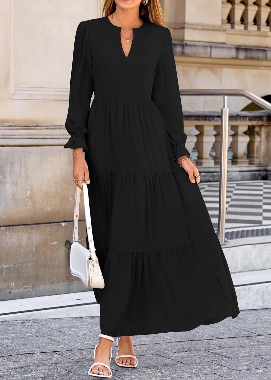 Lazysmile Dresses for Women 2025 Fall Long Sleeve V Neck Button Down A-Line Flowy Casual Boho Maxi Dress with Pockets - Image 4