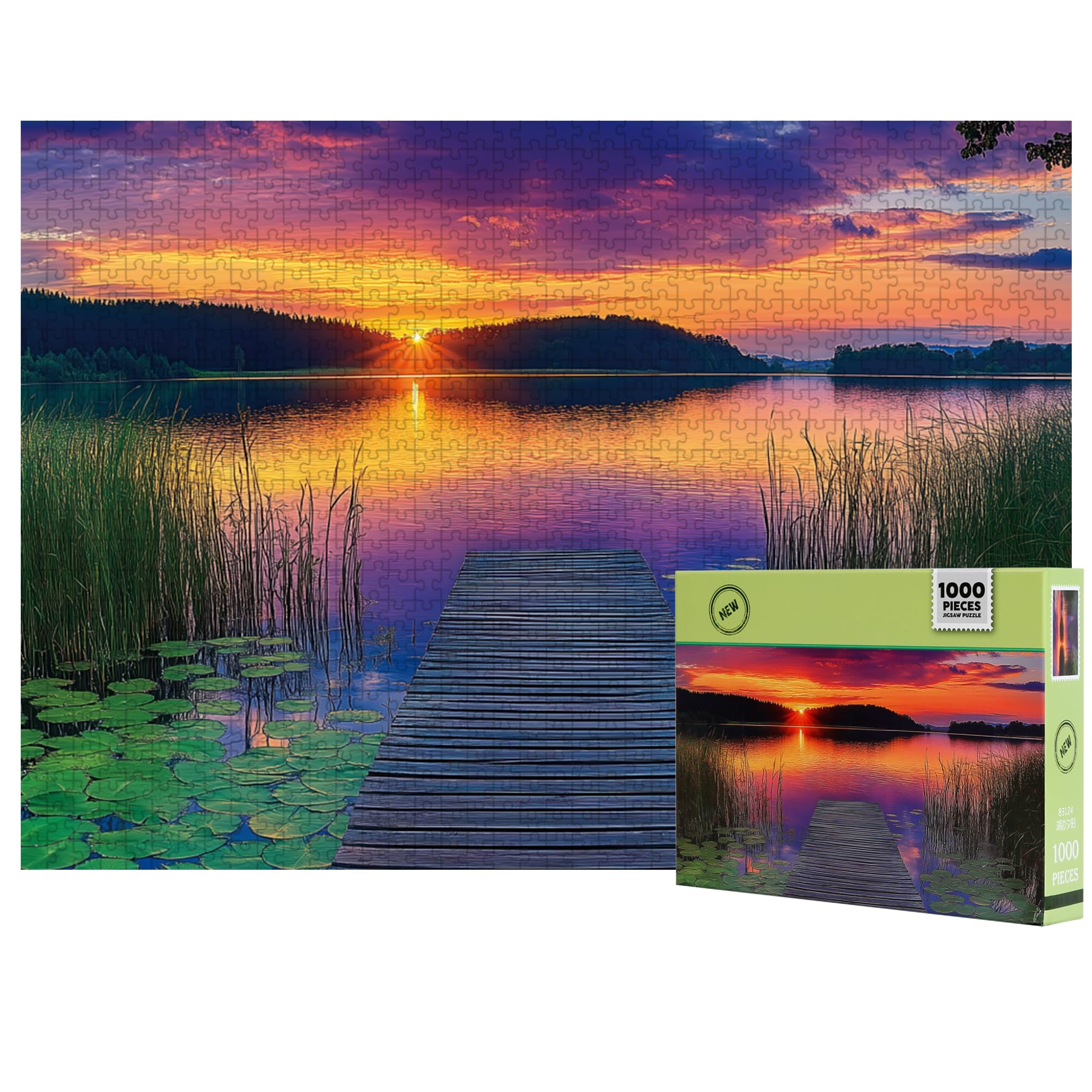 Jigsaw Puzzles for Adults 1000 Pieces, Serene Lake Sunset with Wooden Dock & Water Lilies, Scenic Nature Landscape Puzzle for Mindful Relaxation, Home Wall Art Decor, for Nature Lover — image 1