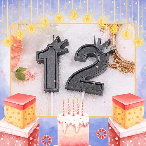 Miniatura 4 de Vela de número de cumpleaños de 3 pulgadas, vela para decoración de pastel con corona de números negros, velas para pastel de cumpleaños para
