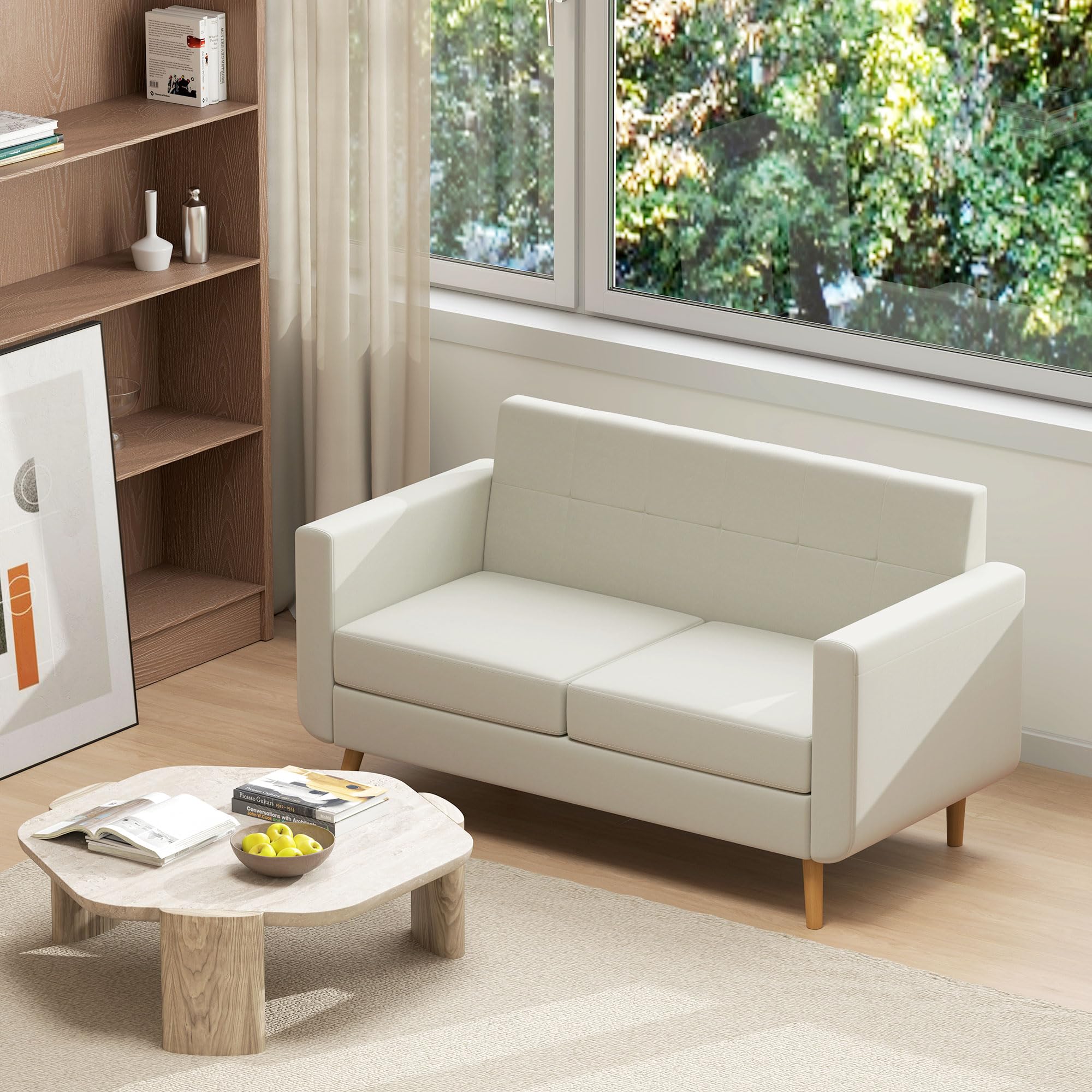 HOMCOM Sofá de 2 Plazas Sofá de Salón Moderno 138,5 cm con Reposabrazos y Patas de Madera Sofá Pequeño para Oficina Sala de Estar Crema