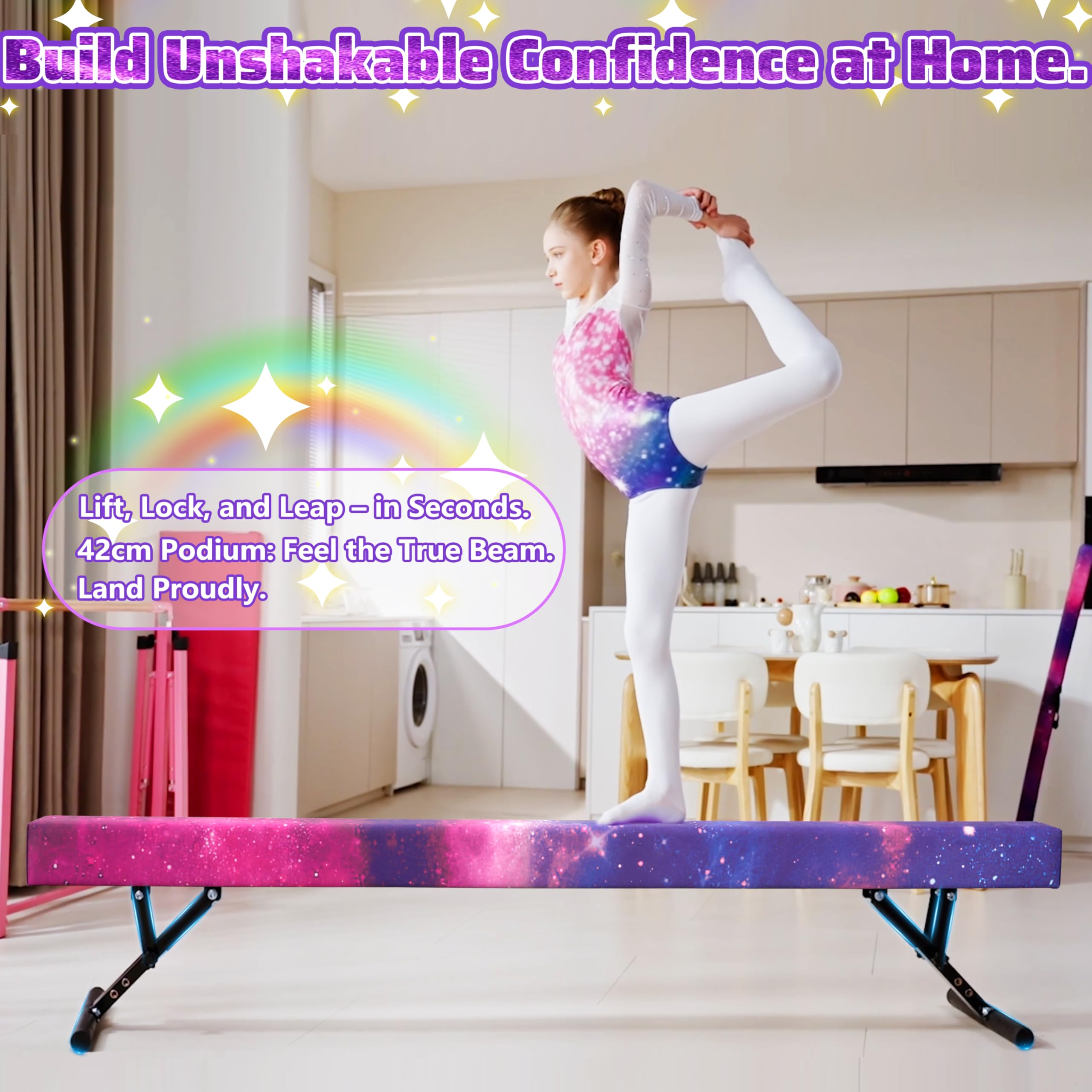 FC FUNCHEER Verstellbarer Schwebebalken für Kindergymnastik, 4 Knöpfe, Schnellverstellung, Tri-Lock-Stabilität, Wettkampf, 10,2 cm Breite, 3 Höhen (43,2/81,3/42 cm) für Heimtrainingsgeräte ab 4 Jahren