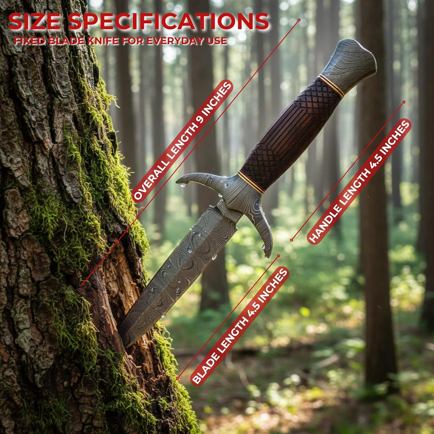 Handmade Damascus Steel Hunting Knife – Fixed Blade Full Tang with Leather Sheath, Razor Sharp Survival Knife for Camping, Bushcraft & Outdoor Use (Textured wood)