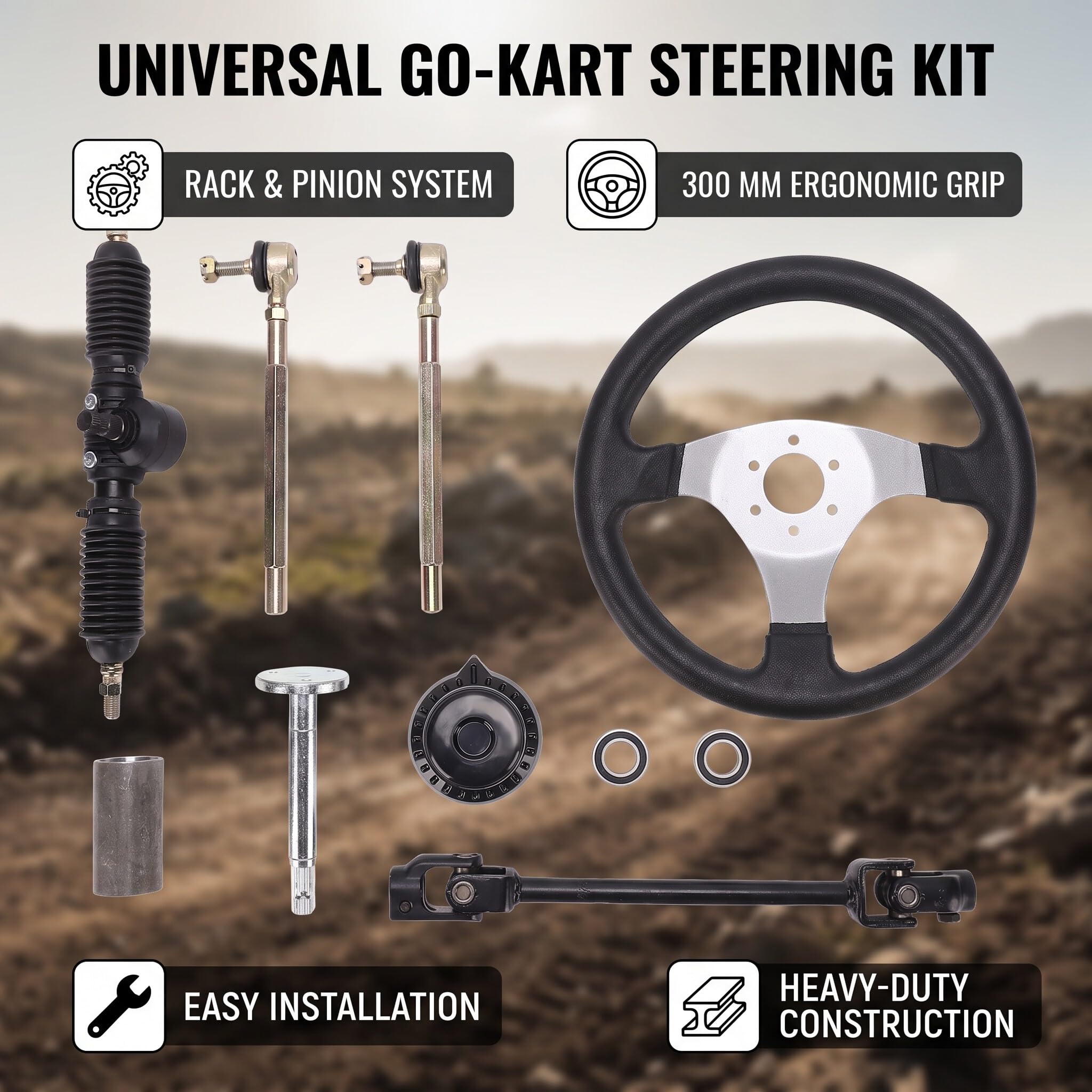 Ausla Volant de Karting de 300 Mm, Système de Crémaillère et de Pignon pour VTT, UTV et Véhicules Tout-terrain