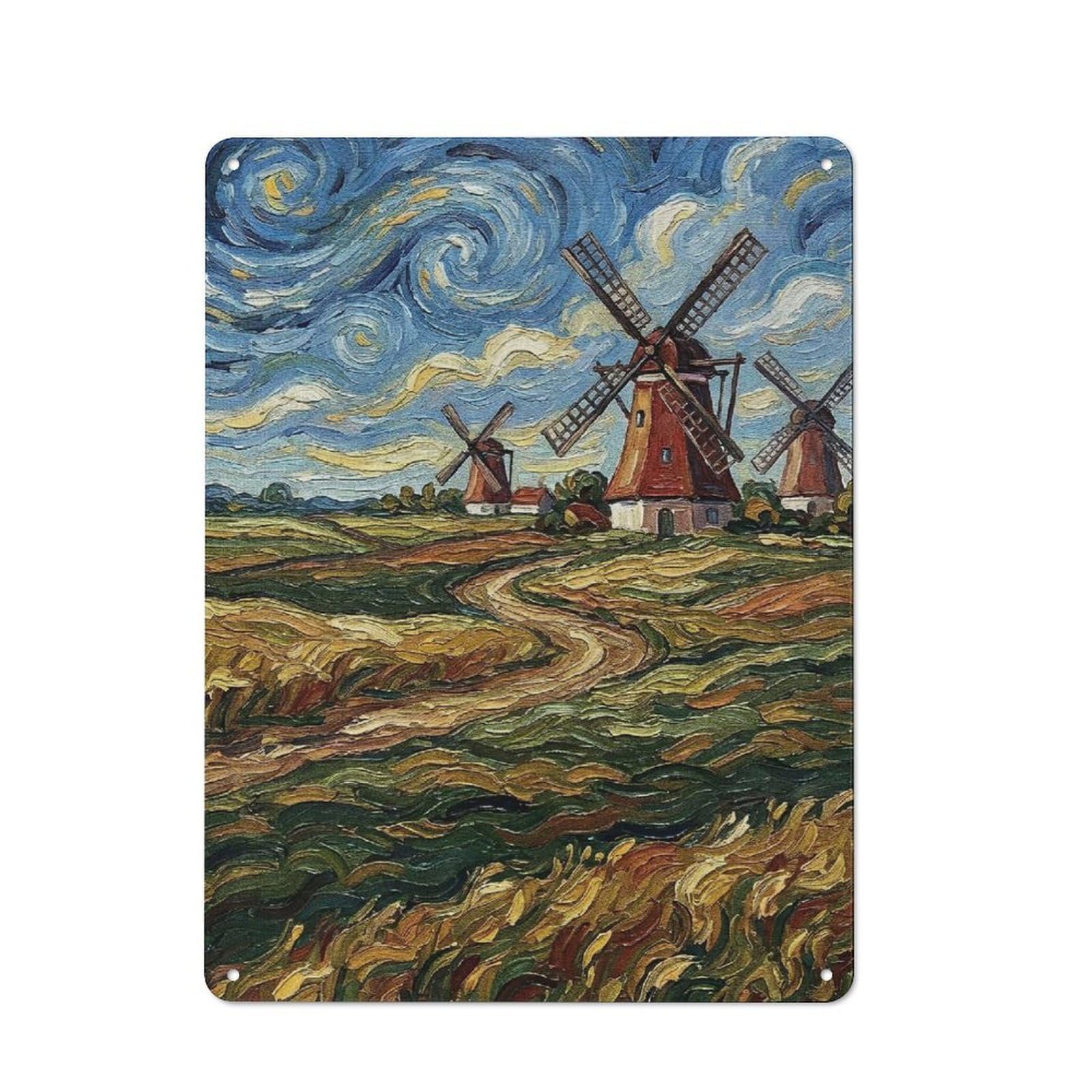 Junmoney Style-13 Windmills In A Field Painting Retro Metal Wall Decor 40X30cm, Retro Metal Sign For Garage, Hobby Room, Office Or Man Cave