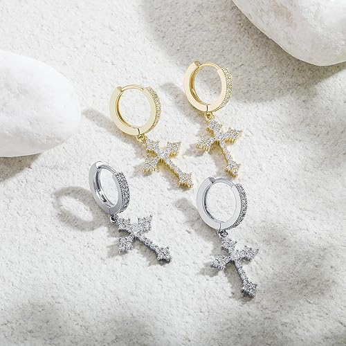 Miniatura 5 de JINAO Aretes colgantes chapados en oro de 14 quilates con circonita cúbica 5A+, hipoalergénicos, de plata de ley, para hombres y mujeres