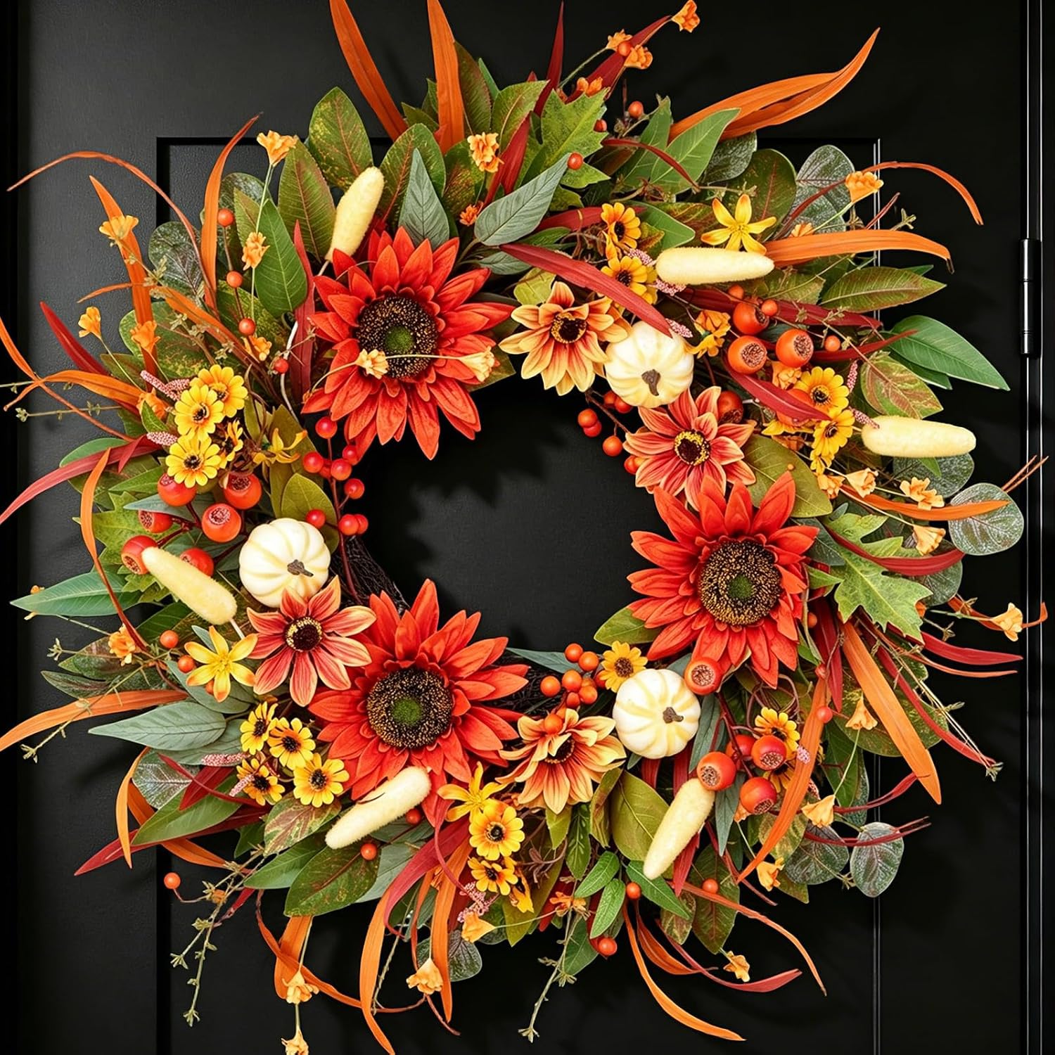 Fall Wreaths for Front Door 24" Sunflower Fall Door Wreath with Pumpkins | Warm Sunflower Fall Wreath with Mini Pumpkins, Perfect Fall Door Wreath for Porch, Farmhouse, Mantel, or Indoor Wreath