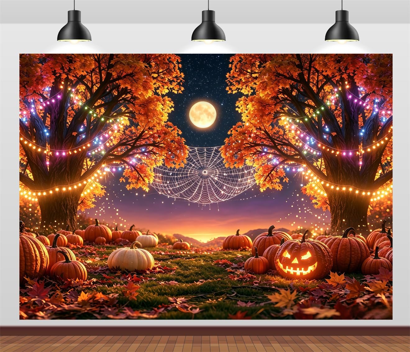 17x10FT (5.2x3m) Giardino Di Zucche Al Chiar Di Luna Sfondo Fotografico | Frutteto Halloween Colorato Fondale In Tessuto,Ragnatela Tra Alberi,Per Feste Halloween E Foto In Costume,Photo Booth