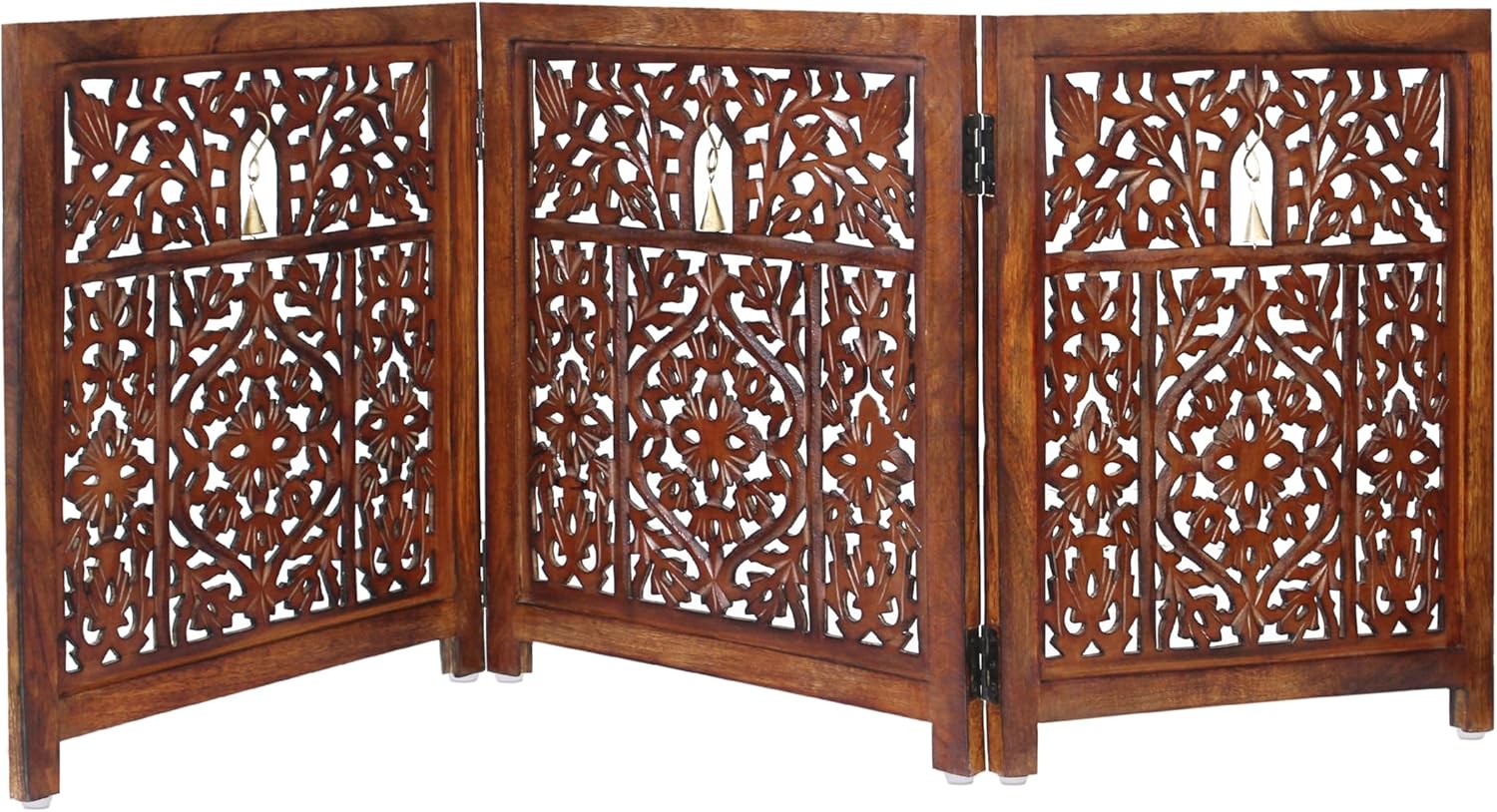 Wooden Foldable Pet Dog Safety Gate - 3 Panel 20" W x 24" H - Hand Carved Ghanti Bells Free Standing Portable Indoor Puppy Gate - Doorway Hall Stairs Dog Fence - Assembled - Rustic Brown - IRONGATE