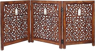 Wooden Foldable Pet Dog Safety Gate - 3 Panel 20" W x 24" H - Hand Carved Ghanti Bells Free Standing Portable Indoor Puppy Gate - Doorway Hall Stairs Dog Fence - Assembled - Rustic Brown - IRONGATE