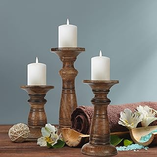 Hand Crafted Wooden Pillar Candle Holders Set of 3, Ideal for LED and Pillar Candles, Gifts for Wedding, Party, Home, Spa, Reiki, Aromatherapy, Votive Candle Gardens - 10, 8, 6 Inch - Burnt