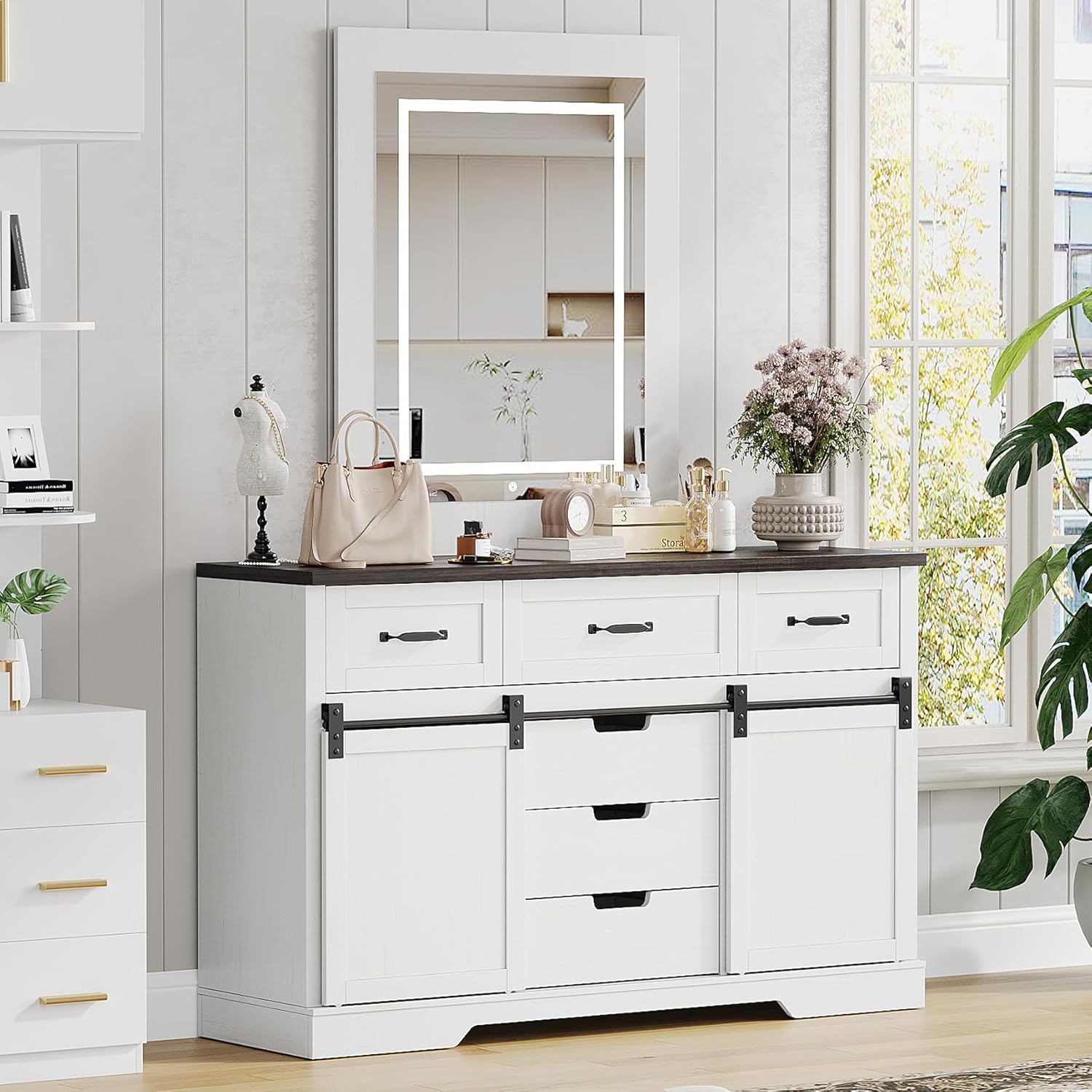 GAOMON 6-Drawer Dresser with LED Mirror, showcasing its farmhouse modern design in a bright room.