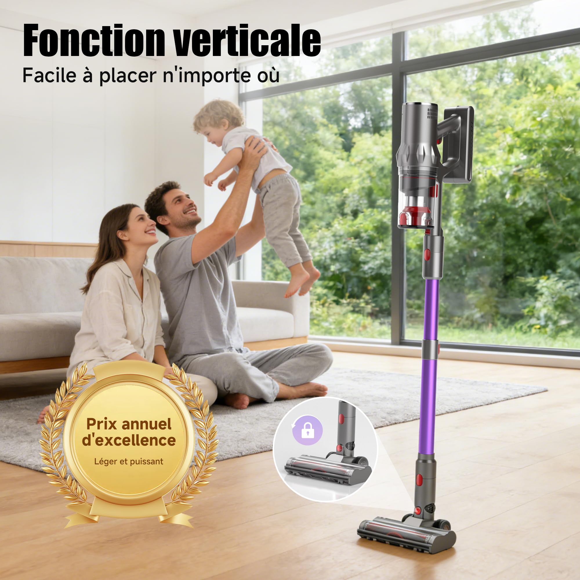 Hearten Aspirateur Balai sans Fil, 70000 Pa/70 Min, Ultra-Silencieux, avec Écran LED, Brosse Anti-Emmêlement en V, Utilisation Simplifiée, Tient Debout, pour Tapis, Sols Durs et Animaux