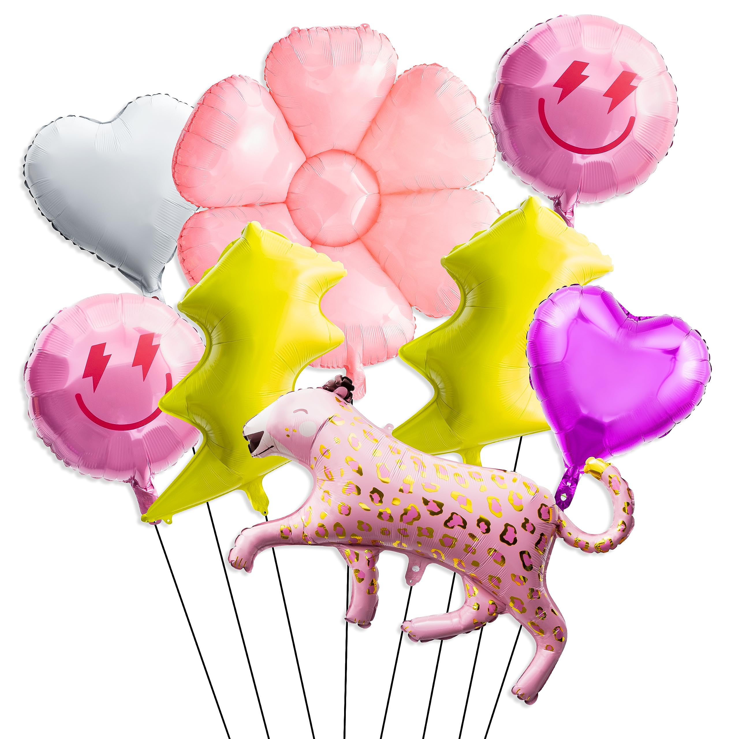 8PCS 18 Inch Smile Party Preppy Helium Balloons Pink Leopard Heart Smile Face Helium Balloons Smile Face Theme Birthday Party Decorations Yellow Lightning Balloons for Birthday Wedding Decor