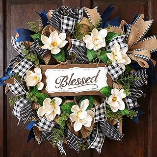 22 Inch Spring Wreath Blessed Magnolia Wreath with Buffalo Check and Bur...