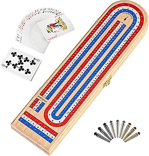 Cribbage Board Game, Classic 3 Track Board with 9 Cribbage Pegs, A Deck of Playing Cards and Storage Area, Portable and Foldable Wooden Board Game