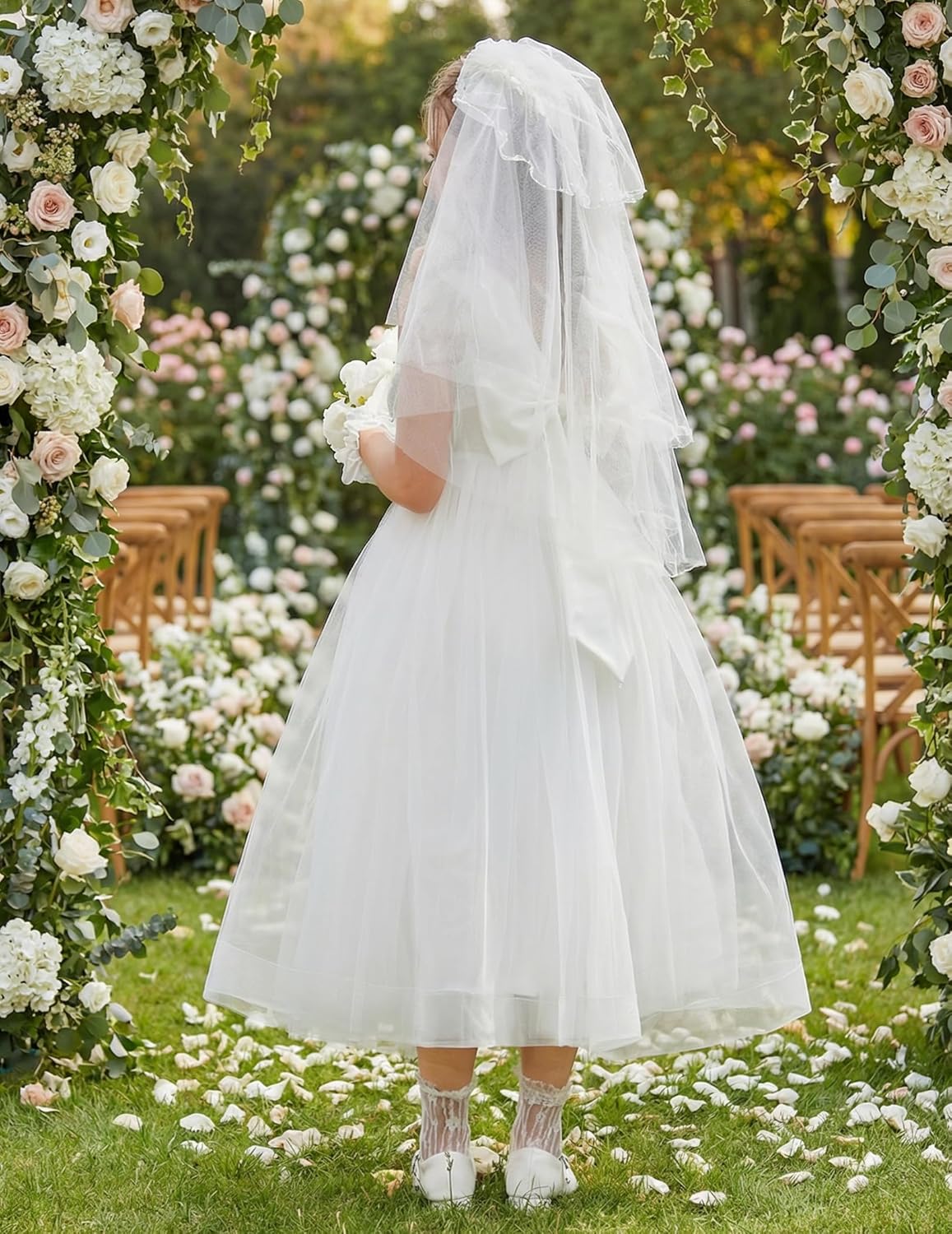 Arshiner Flower Girl Dress V-Back Bowknot Formal Pageant Ball Gown Wedding Party Long Tulle Dresses
