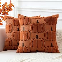 OTOSTAR Fall Bordered Pumpkins Pillow Covers 14x14 Inch Set of 2 Decorative Autumn Soft Plush Short Wool Velvet Throw Pillow Covers for Sofa Couch Bed Living Room Farmhouse Thanksgiving Decor Rust