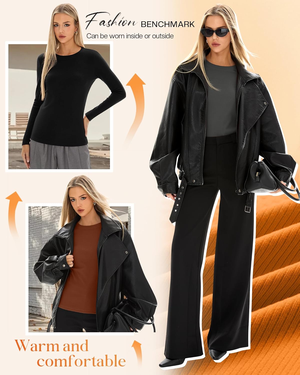 4 Pack Women's Thermal Long Sleeve Shirt Ribbed Cotton Slim Tops Crew Neck Basic Undershirt Stretch Layer Blouses