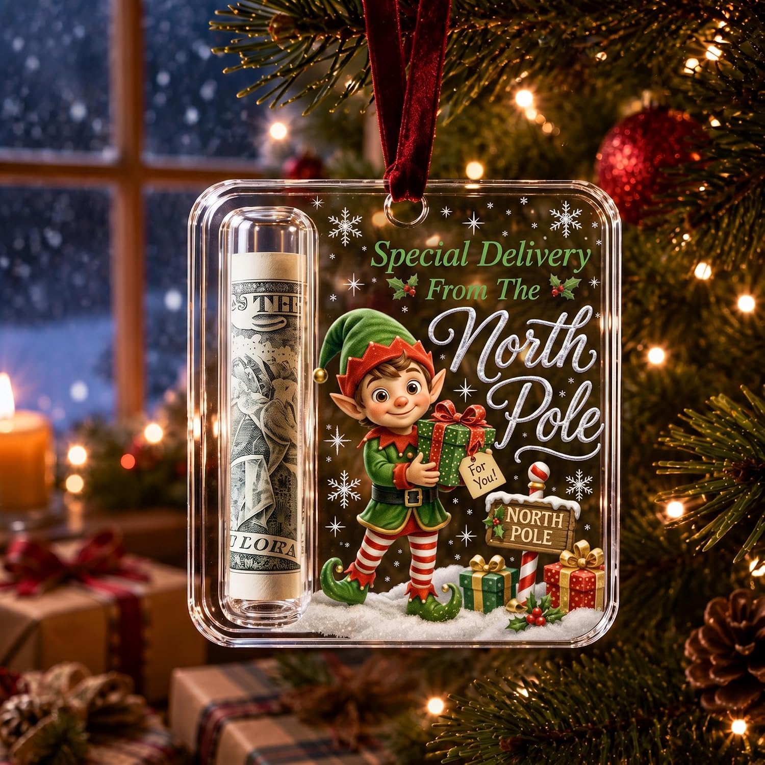 Christmas Cash Gift Holder Ornament, Acrylic Christmas Money Holder for Cash, 3.94" Funny Holiday Xmas Tree Hanging Ornaments Decor, Gifting Cash Birthday Graduation Back to School Gifts (E)