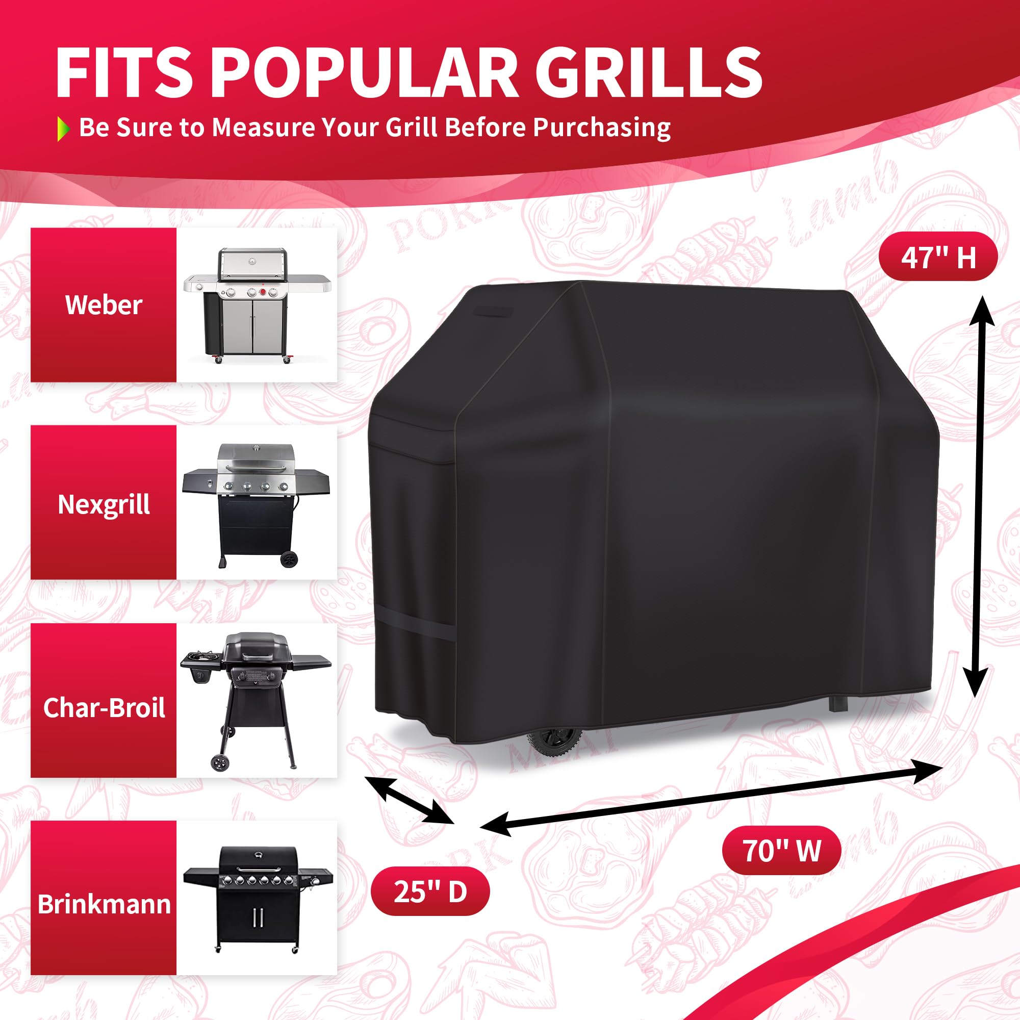 NEXCOVER Grill Gasgrill Abdeckung - 70 Zoll Wasserdicht Heavy Duty Outdoor BBQ Abdeckung, Fade & Wetterbeständig Verbessertes Material für Weber, Brinkmann, Char Broil, Holland