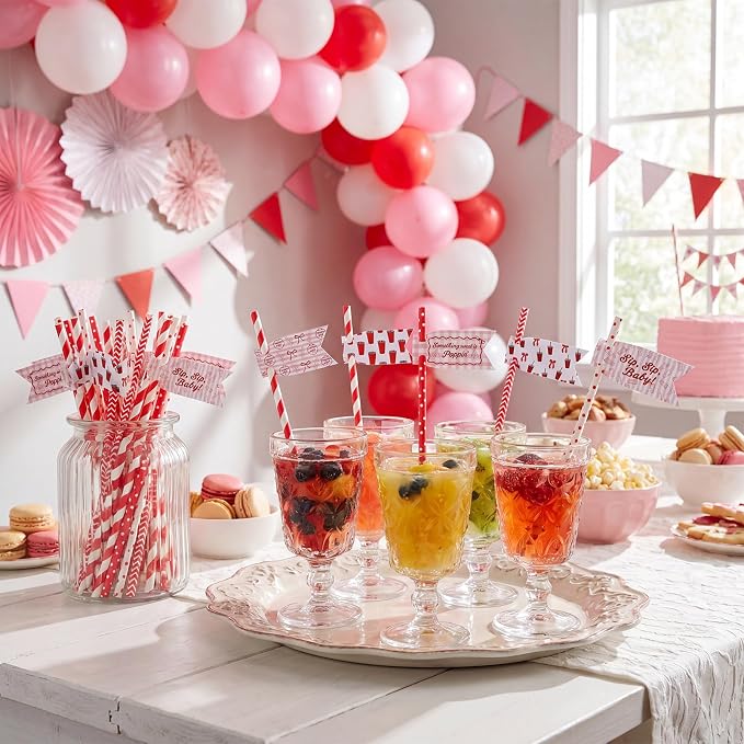 Juego de 50 pitillos rojos y blancos de papel para baby shower miniatura 2
