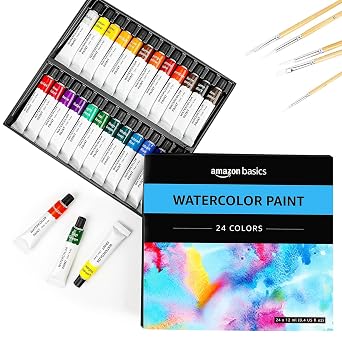Amazon Basics Vibrant Watercolor Paint Set Tubes, 24 Assorted Colors, 0.4oz, Easy to Mix and Use