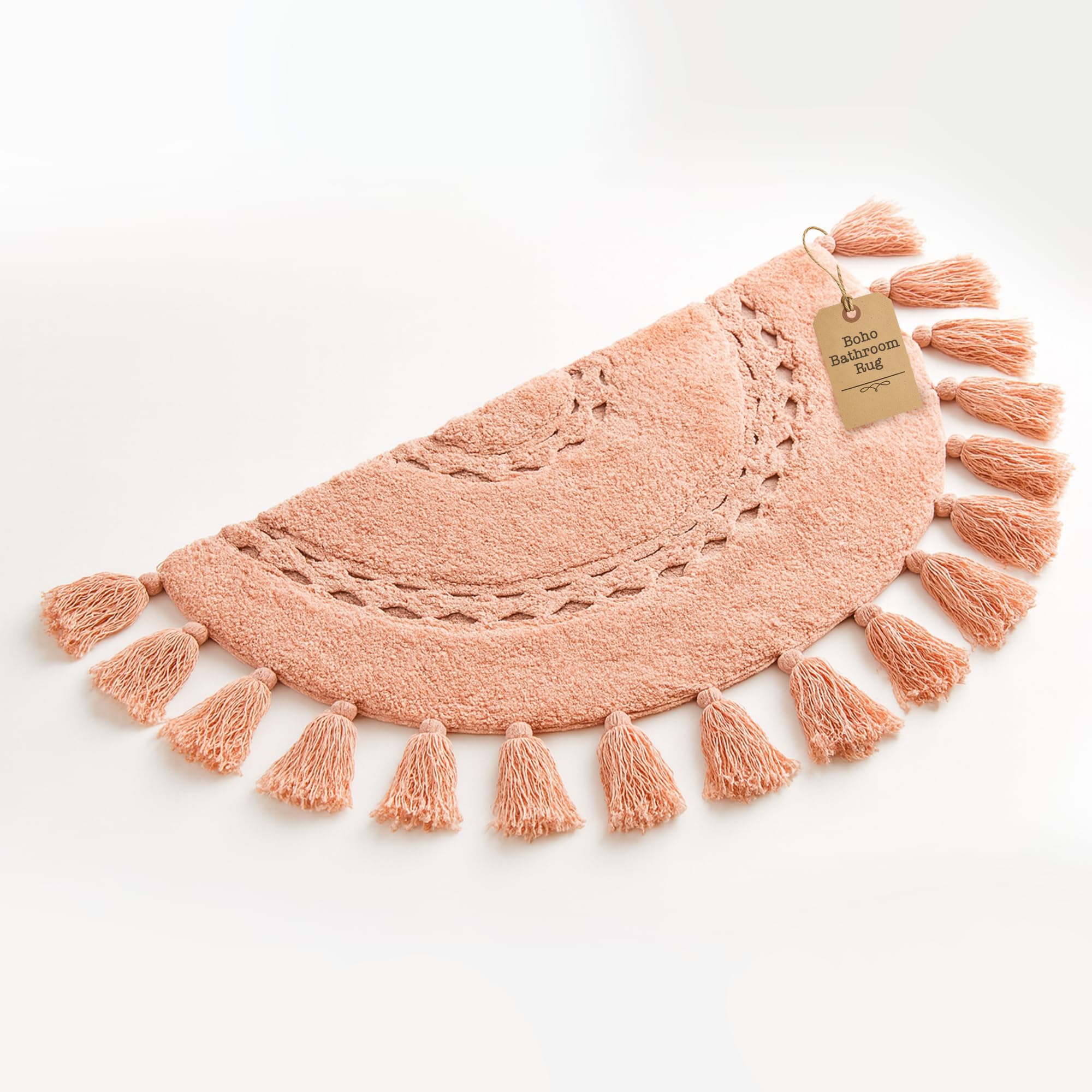 Boho Bathroom Rugs - Half-Circle Cotton Rug with Crochet Insert, Tassels & Non-Slip Backing - Soft Bohemian Bath Mat for Bathroom, Bedroom or Entryway