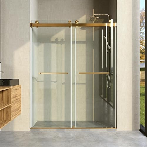 Puerta de ducha sin marco, 56"-60" de ancho, 76" de alto, 38" (10mm) vidrio templado transparente con toallero, puerta corredera doble, acabado