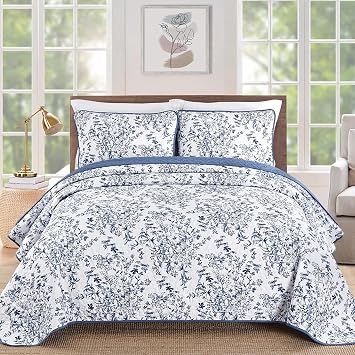 WONGS BEDDING Botanical Twin Bedding Quilt Set, Blue Lightweight Bedspread