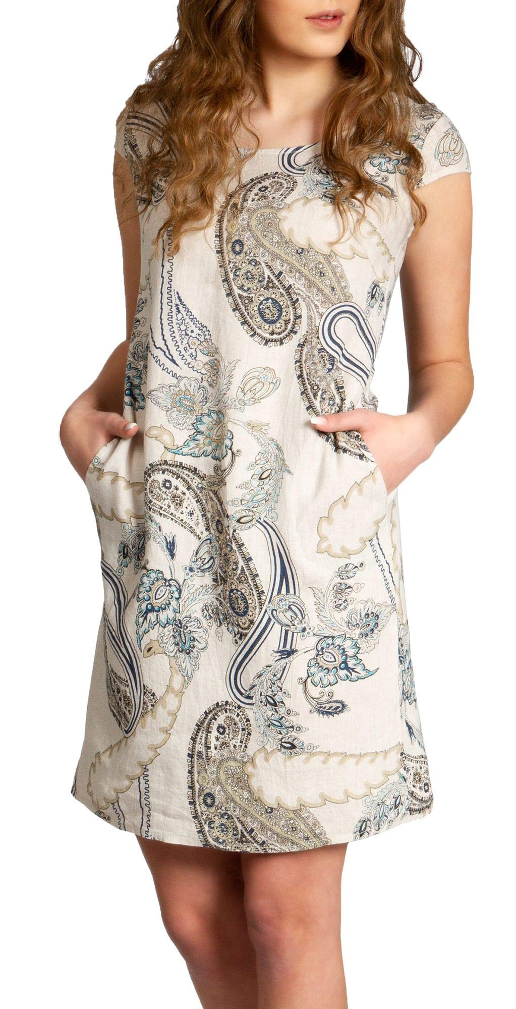 Caspar SKL022 Vestido Corto de Verano de Lino para Mujer con Estampado Paisley