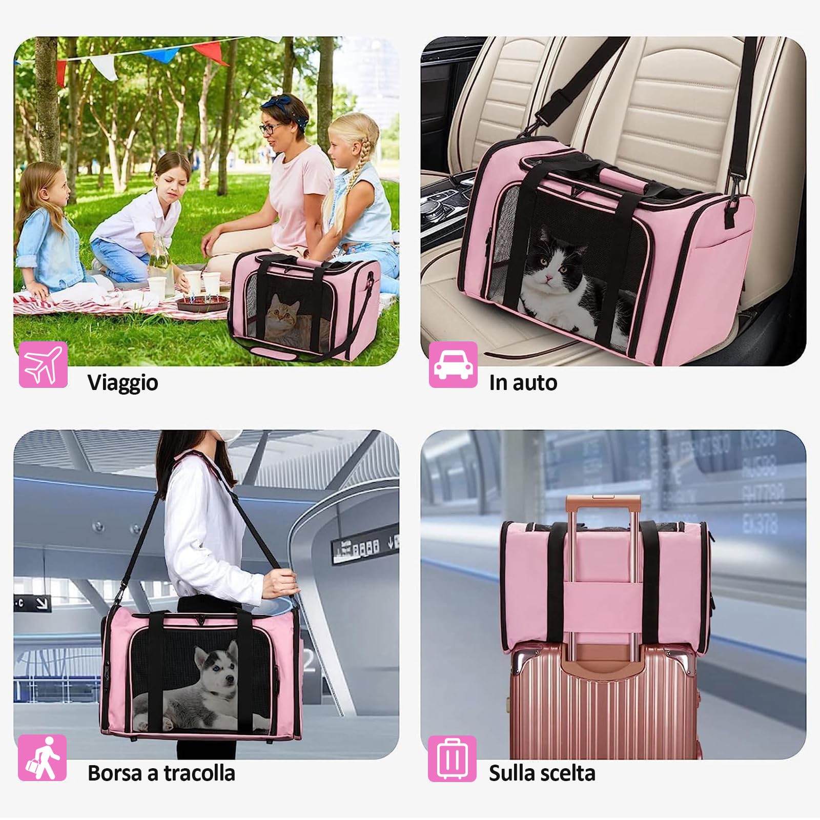 Trasportino per Cani e Gatti, Gabbietta Morbida per Animali Domestici, Tappetino Lavabile Rimovibile, con Tracolla, Borsa Ripiegabile Viaggio Sull' Aereo (L 50 x B 34 x H 34 cm, Rosa)
