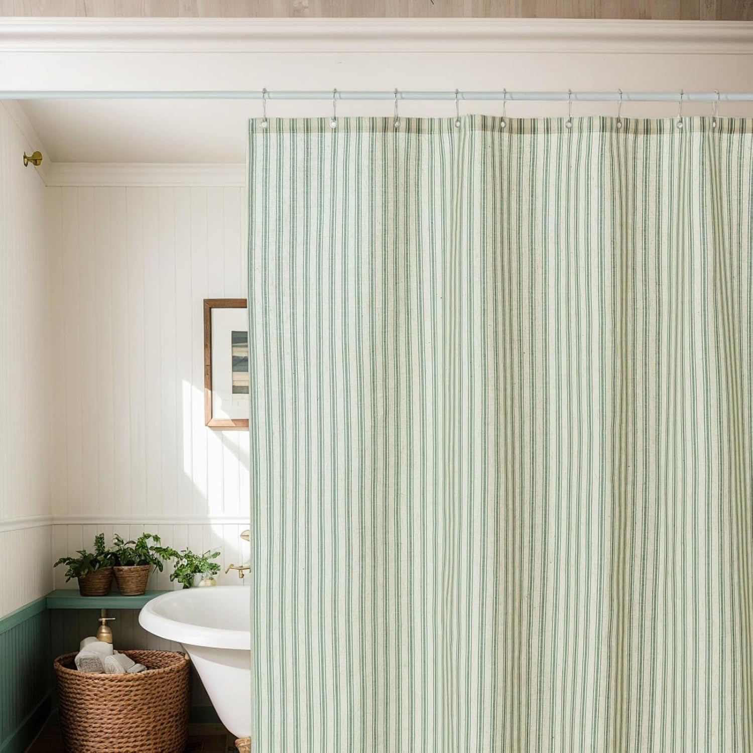 Blue Striped Linen Shower Curtain, Vintage Farmhouse Style Bath Curtain for Bathroom, Country Fabric Shower Curtain with Rustic Charm, Standard Size (72x72 Inches)