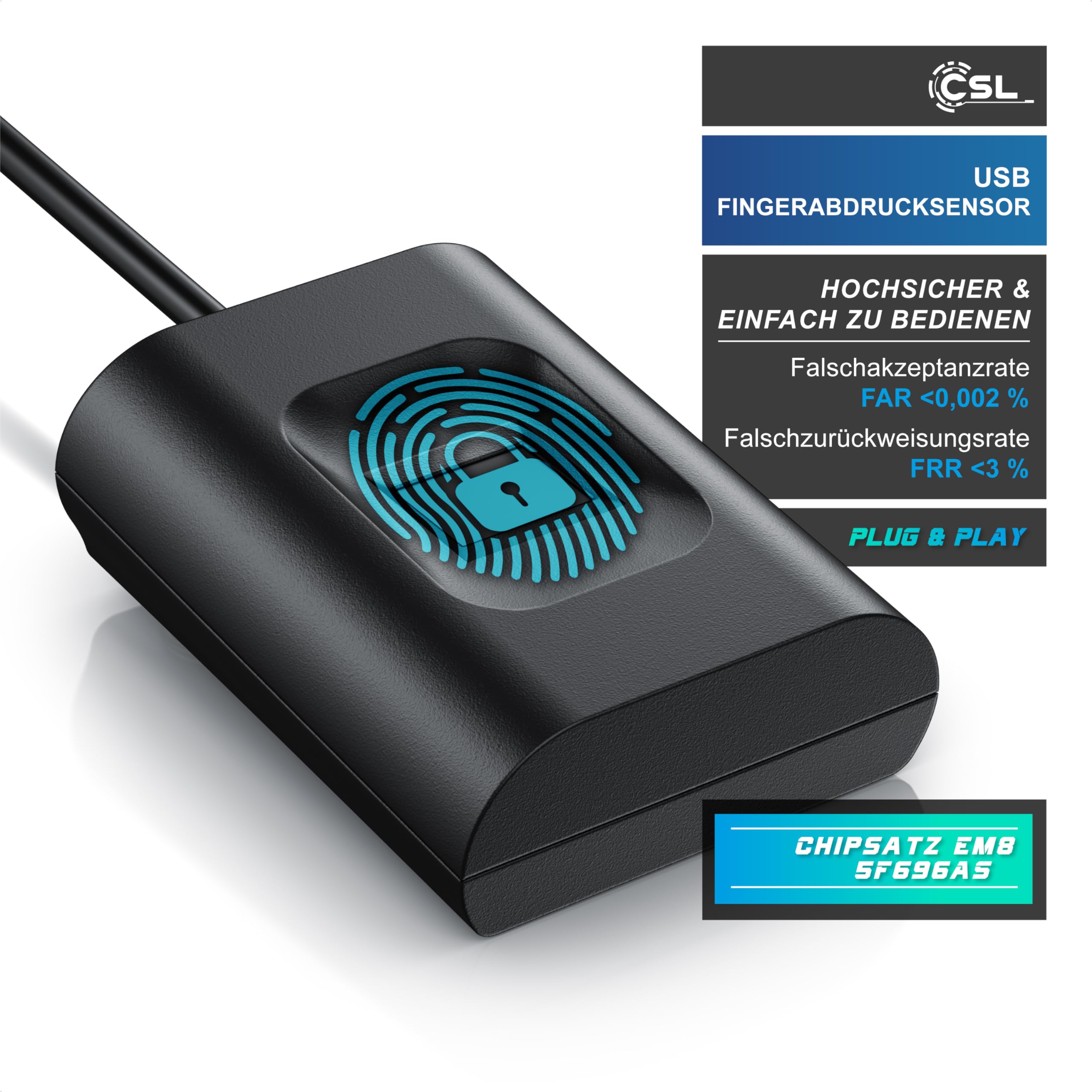 CSL USB Fingerabdrucksensor Fingerprint Key Windows 8-11 Plug & Play 10 IDs