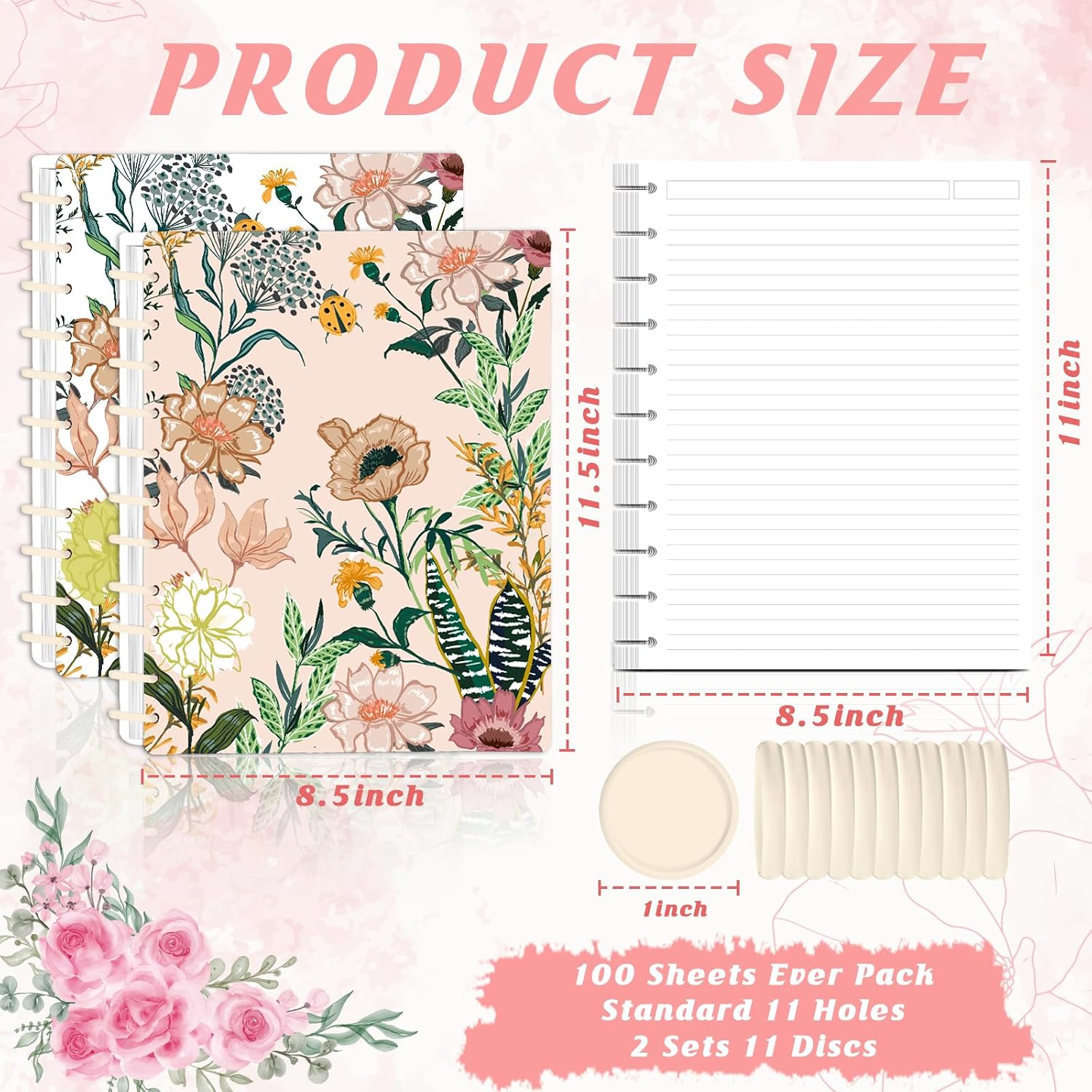 2 Set 8.5x11in Discbound Notebook With Removable Pages 100 Sheets Ever Pack Cover Pre installation College Ruled Customizable Notebook System 11 discs Discbound Planner Letter Size For Office School (White&Pink) image 2