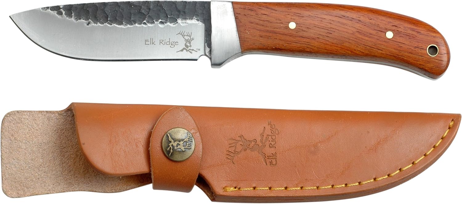 Elk Ridge 268 Series Outdoors Fixed Blade Knife - 8-in Overall, 440 Stainless Steel Blade with Hammered Finish, Wood Handle, Leather Sheath - Hunting, Camping, Survival
