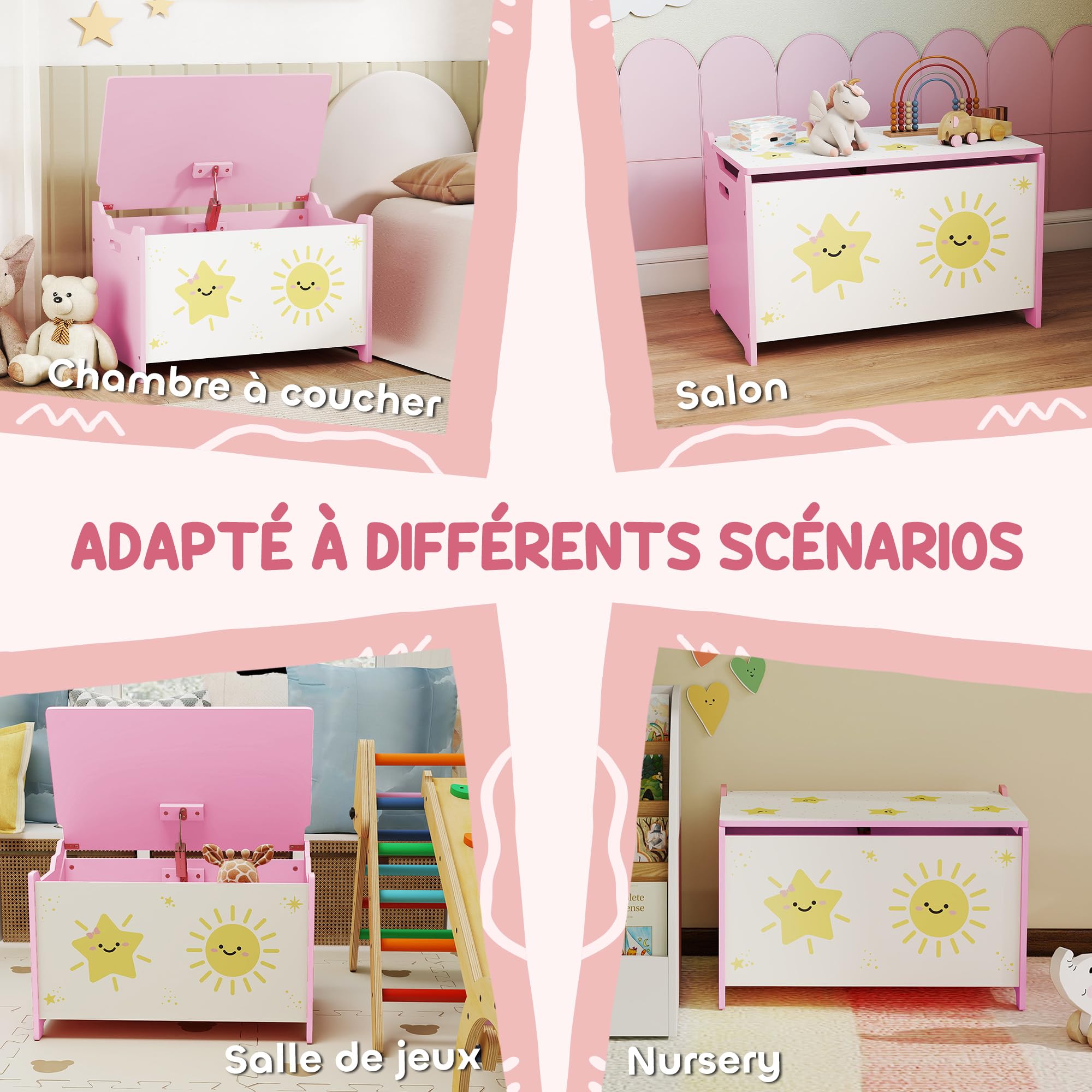 AIYAPLAY Coffre à jouets avec couvercle, coffre de rangement enfant avec charnières de sécurité, pour salon, salle de jeux, chambre d'enfant, rose